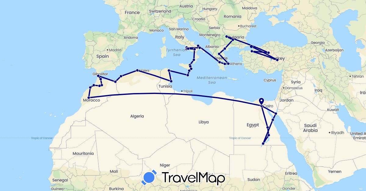 TravelMap itinerary: driving in Bulgaria, Algeria, Egypt, Greece, Italy, Morocco, Malta, Tunisia, Turkey (Africa, Asia, Europe)